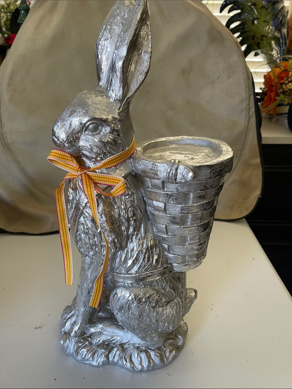 Silver Bunny Planter with Yellow Ribbon - Decorative Home Accent